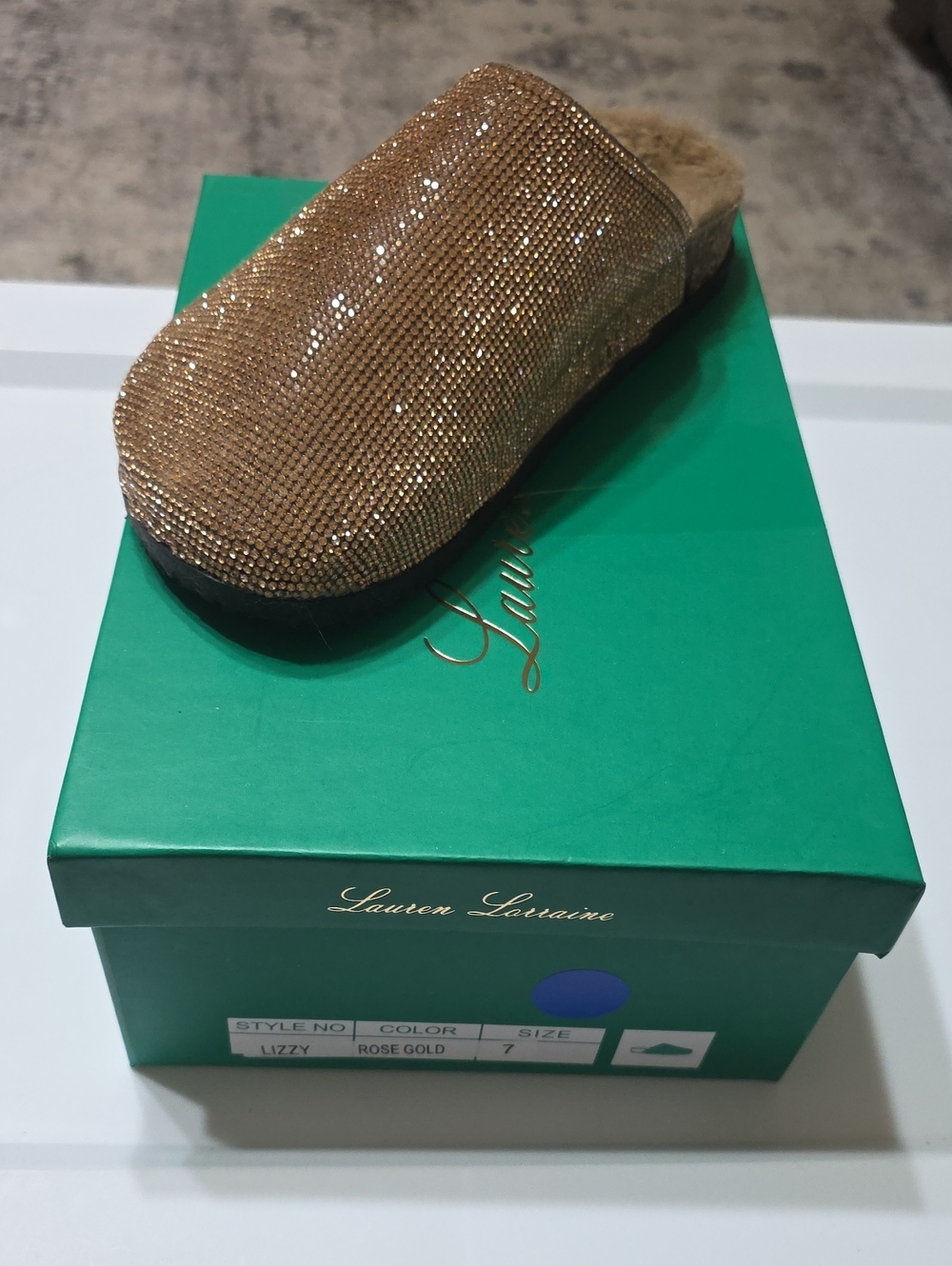 Lauren Lorraine Rose Gold Crystal-Embellished Fur-Lined Mule